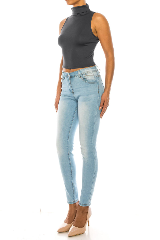 Women's Ribbed Sleeveless High Turtleneck Fitted Knit Crop Tank Top FashionJOA