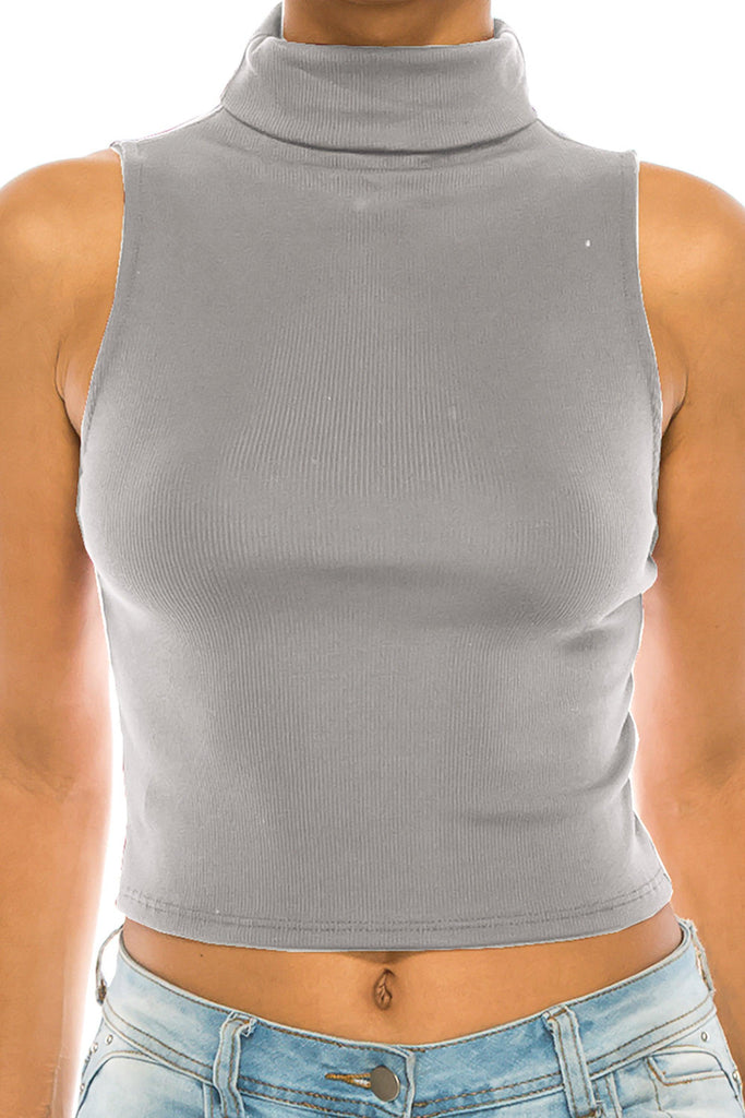 Women's Ribbed Sleeveless High Turtleneck Fitted Knit Crop Tank Top FashionJOA