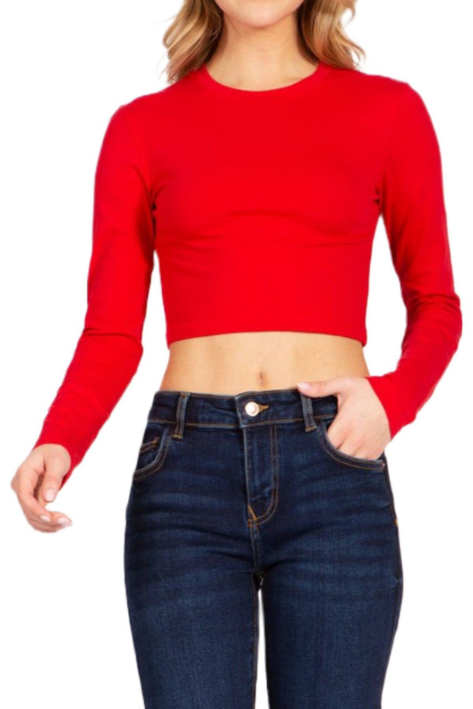 Women's Round Neck Long Sleeve Crop T-Shirt FashionJOA