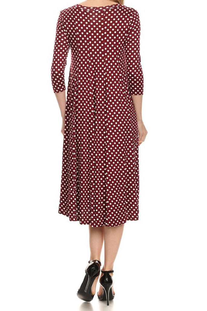 Women's Scoop Neck 3/4 Sleeve Polka Dot Patterned A-Line Midi Dress FashionJOA