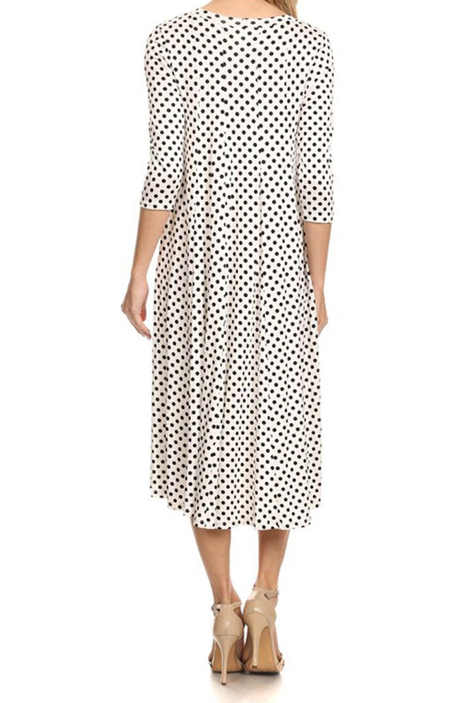 Women's Scoop Neck 3/4 Sleeve Polka Dot Patterned A-Line Midi Dress FashionJOA