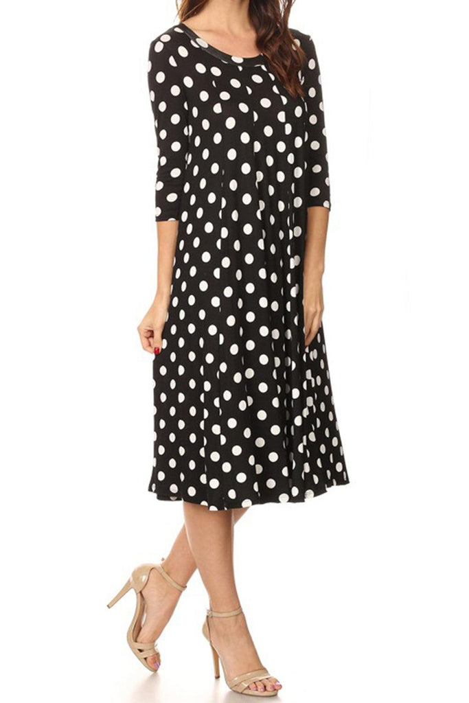 Women's Scoop Neck 3/4 Sleeve Polka Dot Patterned A-Line Midi Dress FashionJOA