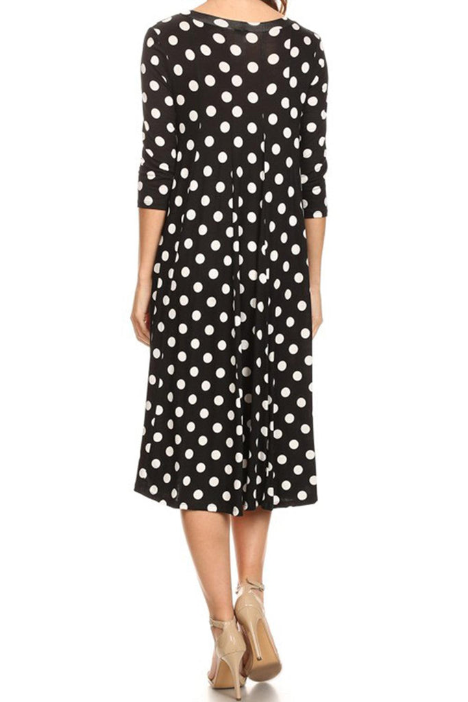 Women's Scoop Neck 3/4 Sleeve Polka Dot Patterned A-Line Midi Dress FashionJOA