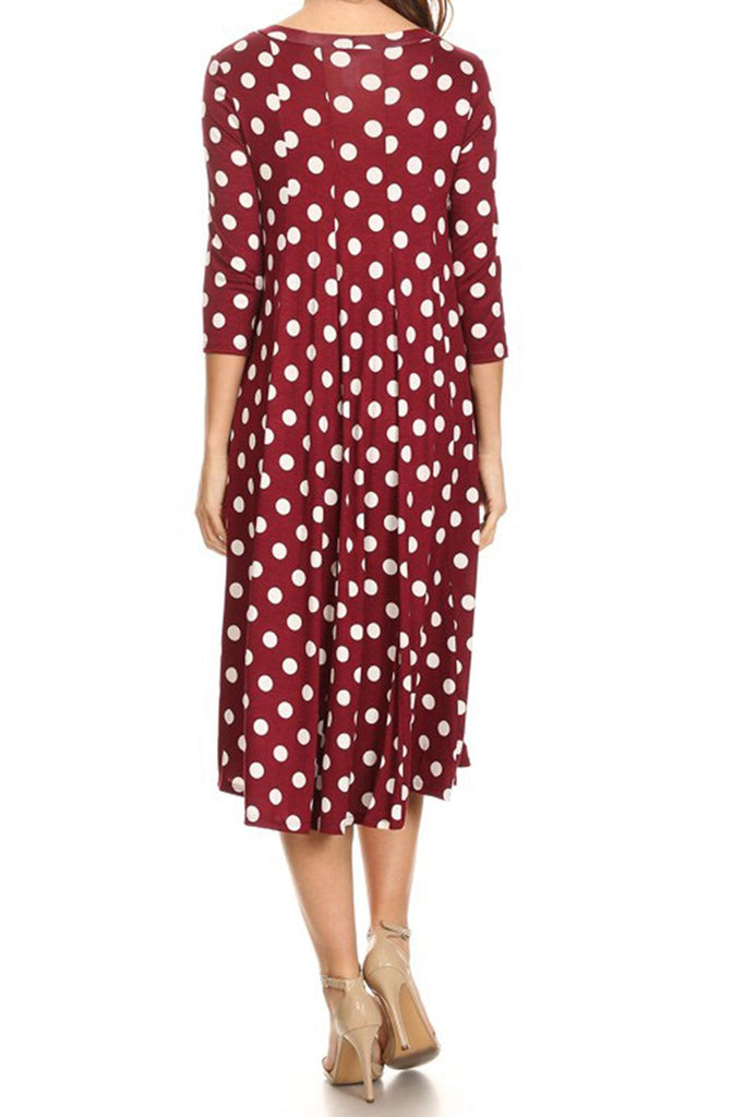 Women's Scoop Neck 3/4 Sleeve Polka Dot Patterned A-Line Midi Dress FashionJOA