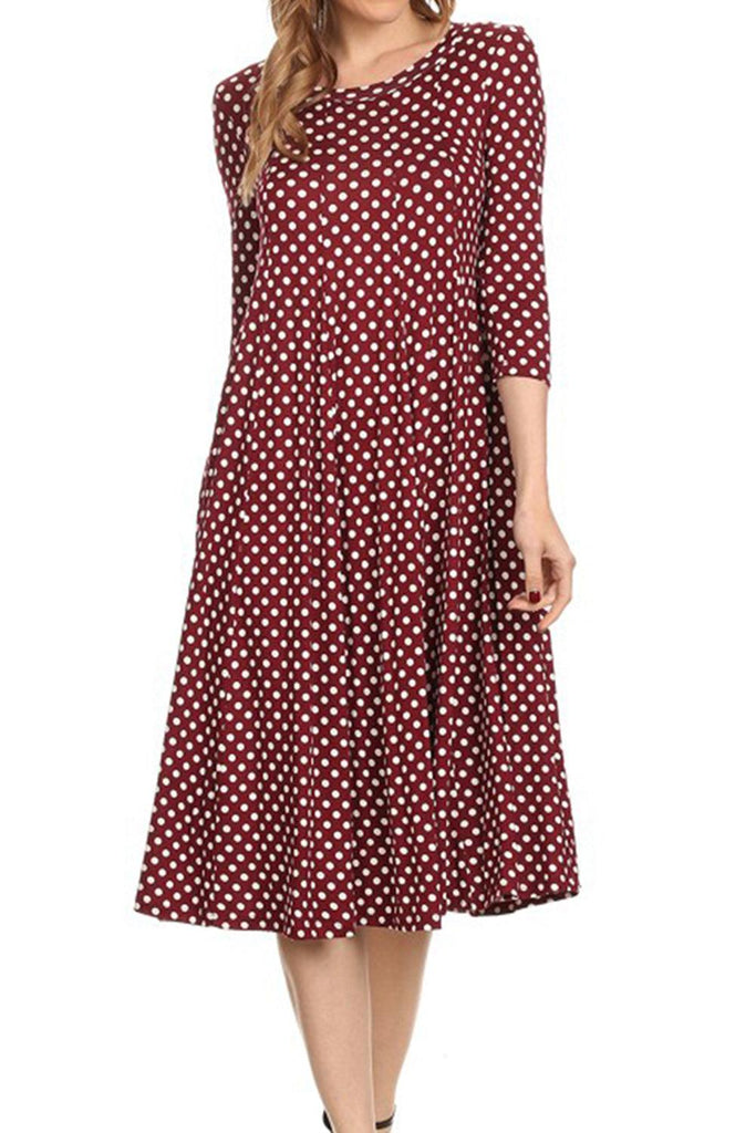 Women's Scoop Neck 3/4 Sleeve Polka Dot Patterned A-Line Midi Dress FashionJOA