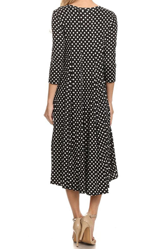 Women's Scoop Neck 3/4 Sleeve Polka Dot Patterned A-Line Midi Dress FashionJOA