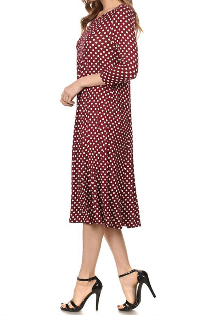 Women's Scoop Neck 3/4 Sleeve Polka Dot Patterned A-Line Midi Dress FashionJOA