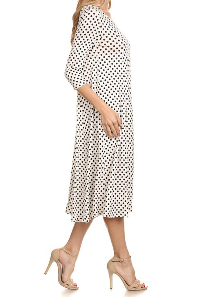 Women's Scoop Neck 3/4 Sleeve Polka Dot Patterned A-Line Midi Dress FashionJOA