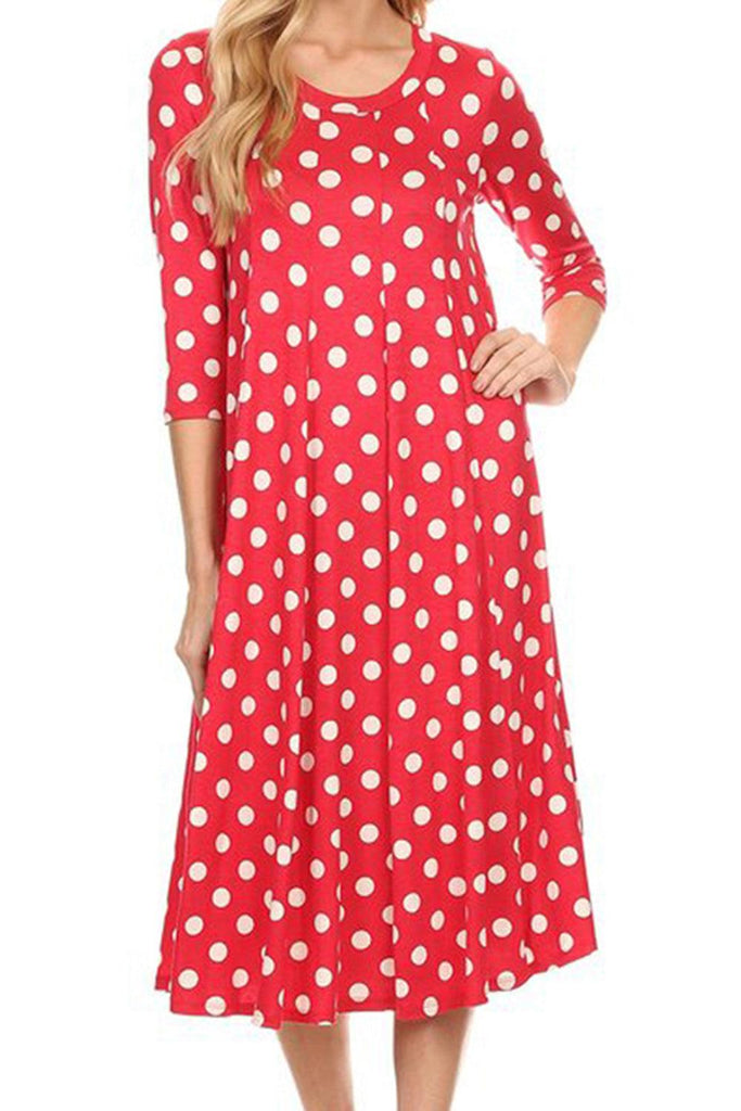 Women's Scoop Neck 3/4 Sleeve Polka Dot Patterned A-Line Midi Dress FashionJOA