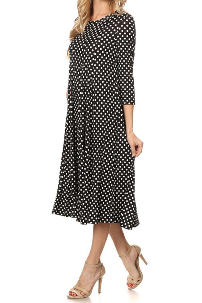 Women's Scoop Neck 3/4 Sleeve Polka Dot Patterned A-Line Midi Dress FashionJOA