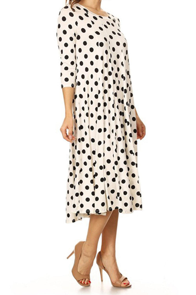 Women's Scoop Neck 3/4 Sleeve Polka Dot Patterned A-Line Midi Dress FashionJOA