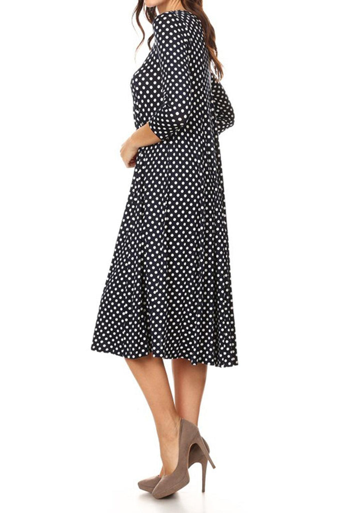 Women's Scoop Neck 3/4 Sleeve Polka Dot Patterned A-Line Midi Dress FashionJOA