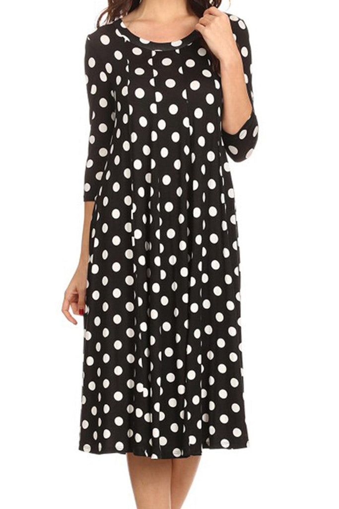 Women's Scoop Neck 3/4 Sleeve Polka Dot Patterned A-Line Midi Dress FashionJOA