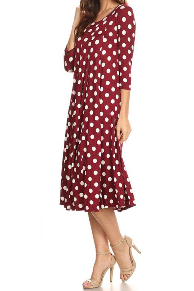 Women's Scoop Neck 3/4 Sleeve Polka Dot Patterned A-Line Midi Dress FashionJOA