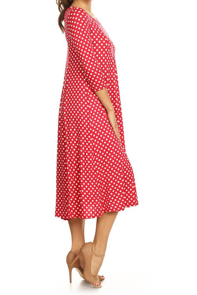 Women's Scoop Neck 3/4 Sleeve Polka Dot Patterned A-Line Midi Dress FashionJOA