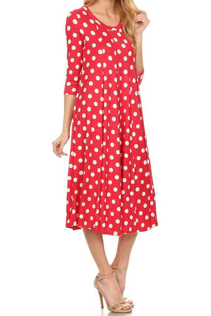 Women's Scoop Neck 3/4 Sleeve Polka Dot Patterned A-Line Midi Dress FashionJOA