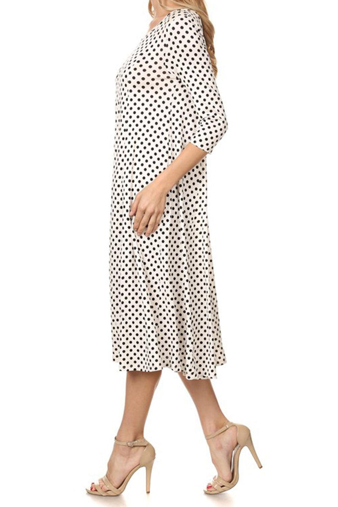 Women's Scoop Neck 3/4 Sleeve Polka Dot Patterned A-Line Midi Dress FashionJOA