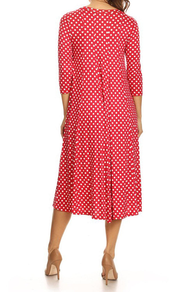 Women's Scoop Neck 3/4 Sleeve Polka Dot Patterned A-Line Midi Dress FashionJOA