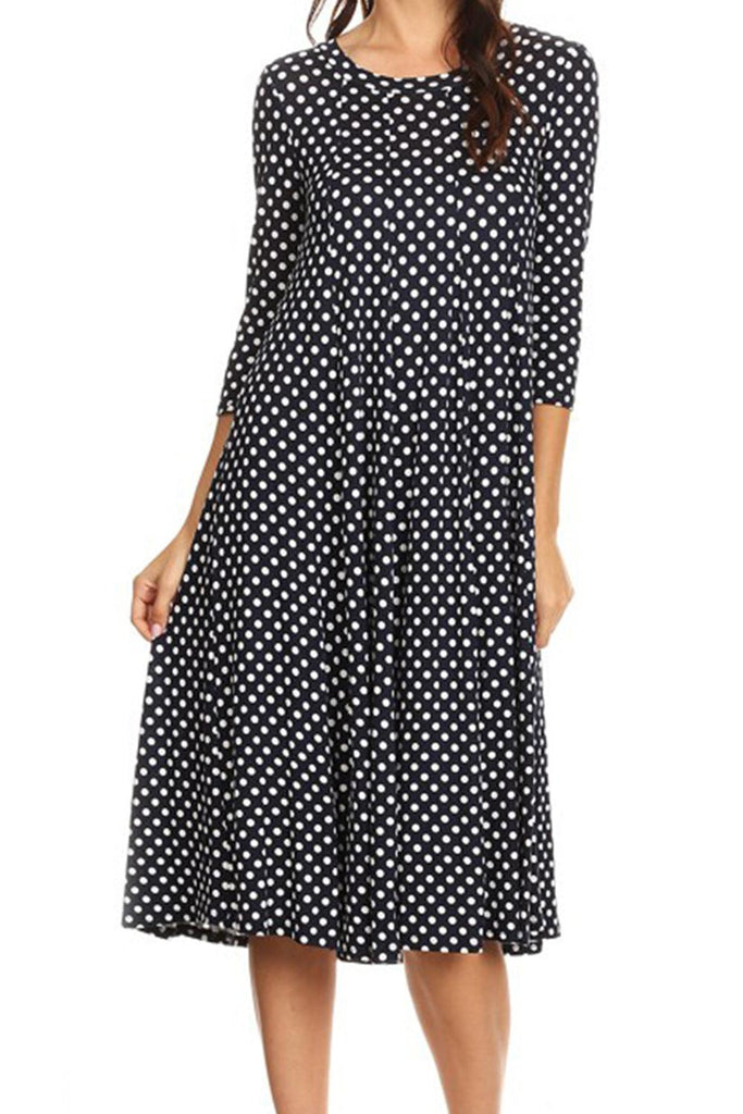 Women's Scoop Neck 3/4 Sleeve Polka Dot Patterned A-Line Midi Dress FashionJOA