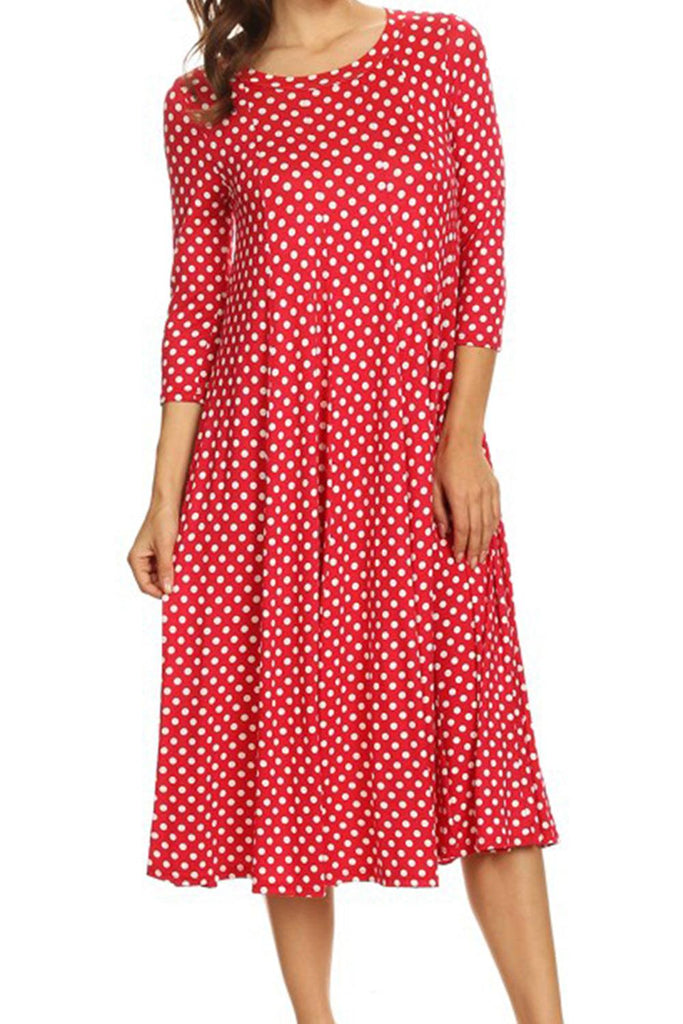 Women's Scoop Neck 3/4 Sleeve Polka Dot Patterned A-Line Midi Dress FashionJOA