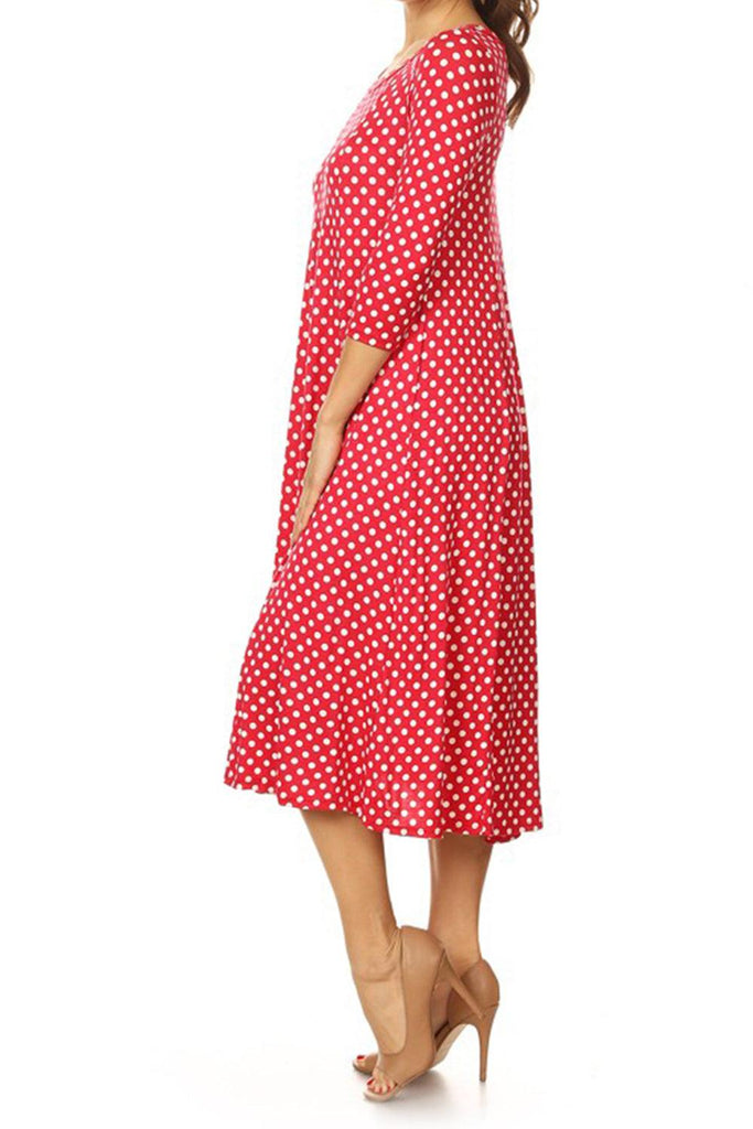 Women's Scoop Neck 3/4 Sleeve Polka Dot Patterned A-Line Midi Dress FashionJOA