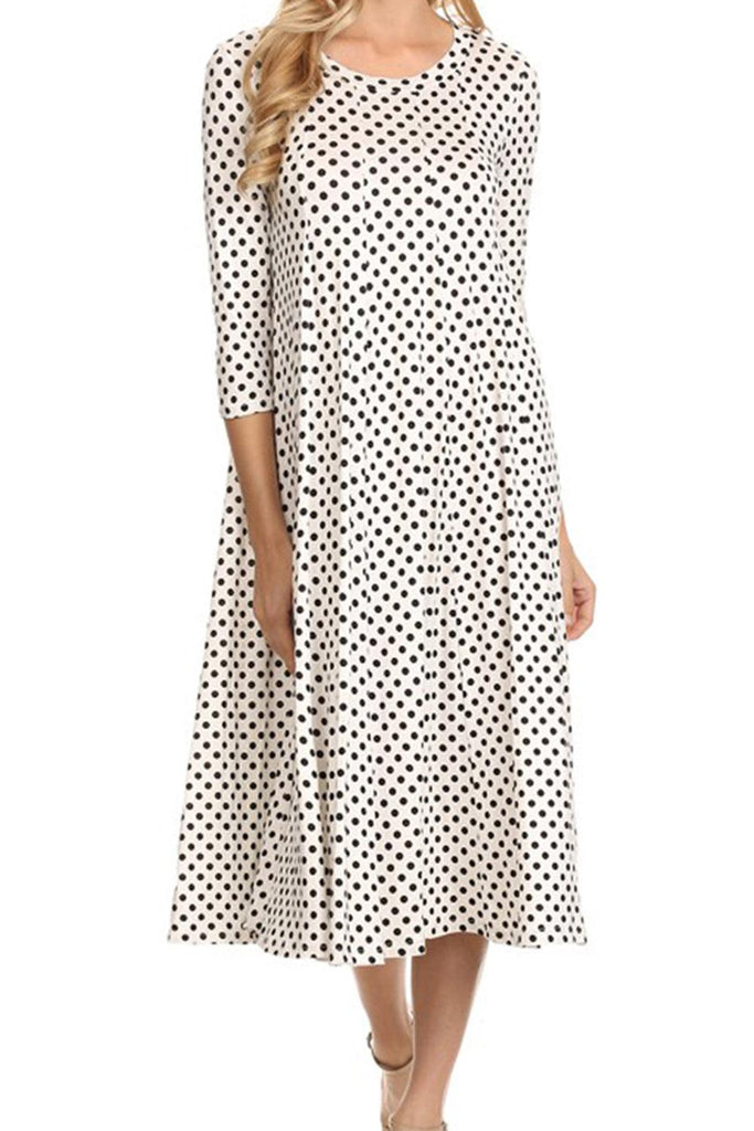 Women's Scoop Neck 3/4 Sleeve Polka Dot Patterned A-Line Midi Dress FashionJOA