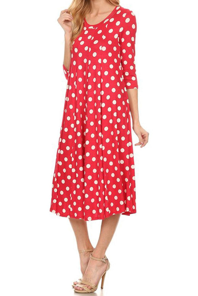 Women's Scoop Neck 3/4 Sleeve Polka Dot Patterned A-Line Midi Dress FashionJOA