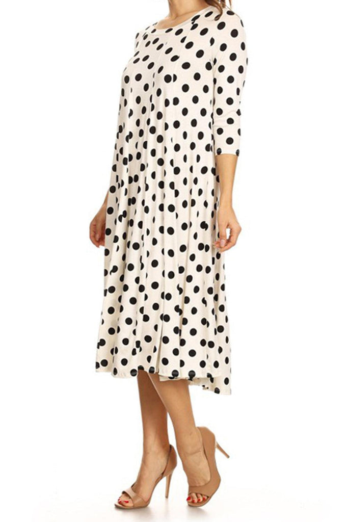 Women's Scoop Neck 3/4 Sleeve Polka Dot Patterned A-Line Midi Dress FashionJOA