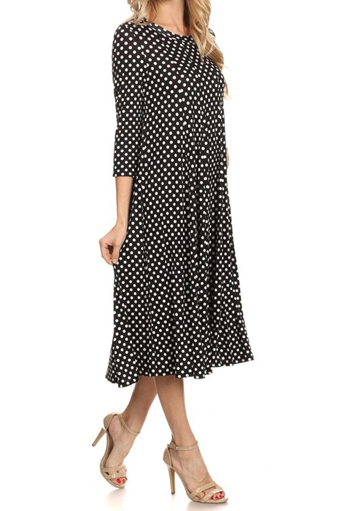 Women's Scoop Neck 3/4 Sleeve Polka Dot Patterned A-Line Midi Dress FashionJOA