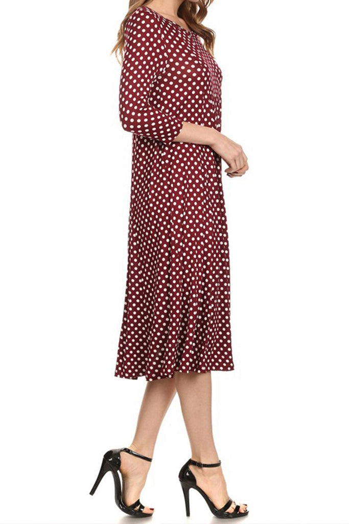 Women's Scoop Neck 3/4 Sleeve Polka Dot Patterned A-Line Midi Dress FashionJOA