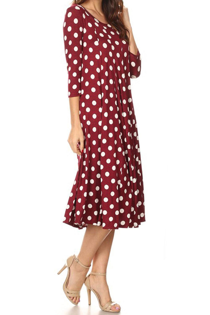 Women's Scoop Neck 3/4 Sleeve Polka Dot Patterned A-Line Midi Dress FashionJOA