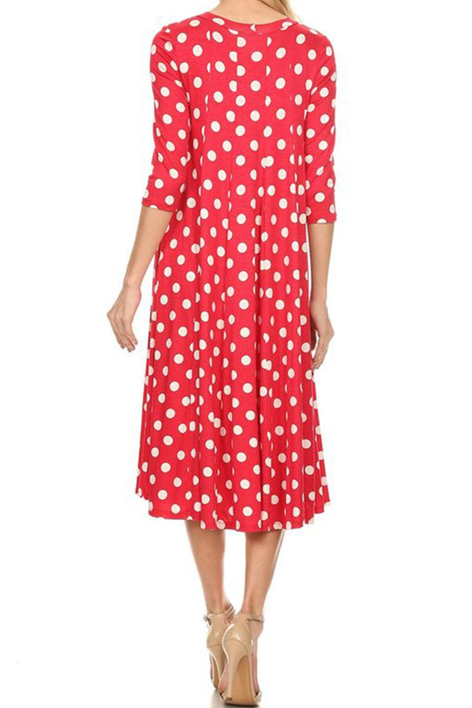 Women's Scoop Neck 3/4 Sleeve Polka Dot Patterned A-Line Midi Dress FashionJOA