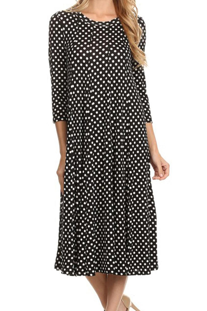 Women's Scoop Neck 3/4 Sleeve Polka Dot Patterned A-Line Midi Dress FashionJOA