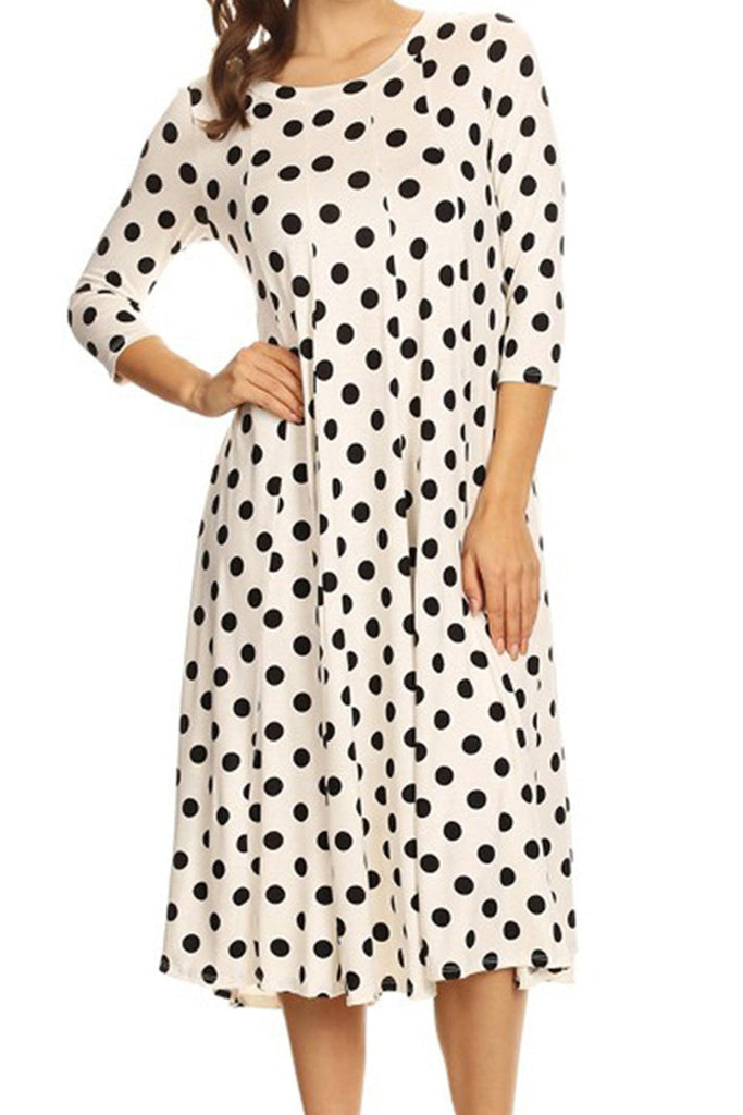 Women's Scoop Neck 3/4 Sleeve Polka Dot Patterned A-Line Midi Dress FashionJOA