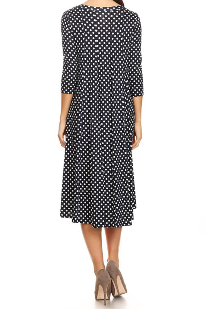 Women's Scoop Neck 3/4 Sleeve Polka Dot Patterned A-Line Midi Dress FashionJOA