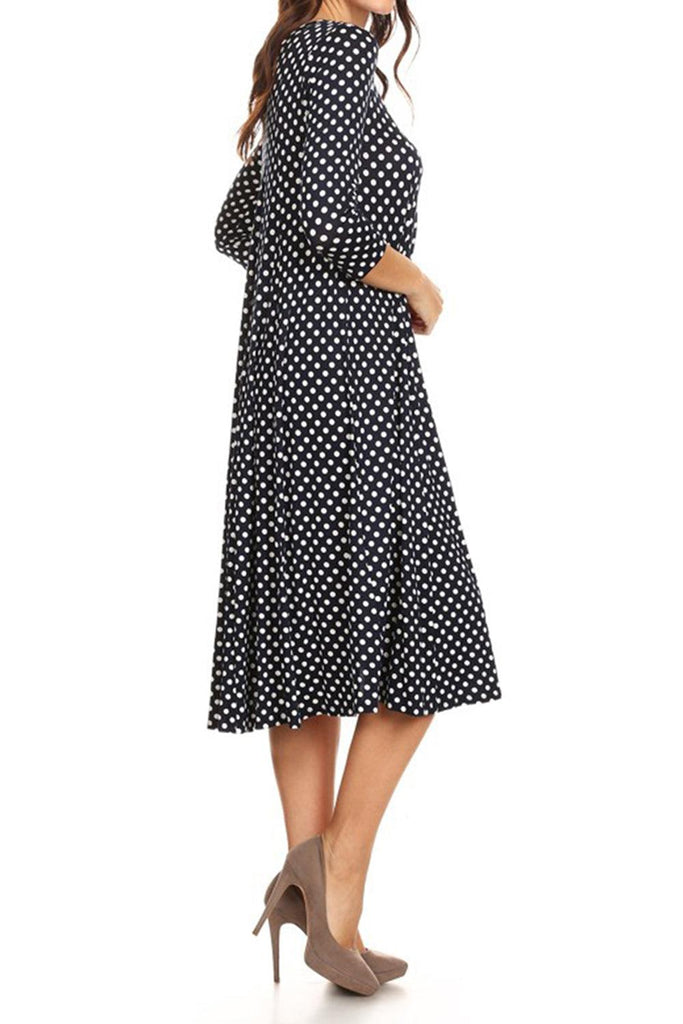 Women's Scoop Neck 3/4 Sleeve Polka Dot Patterned A-Line Midi Dress FashionJOA