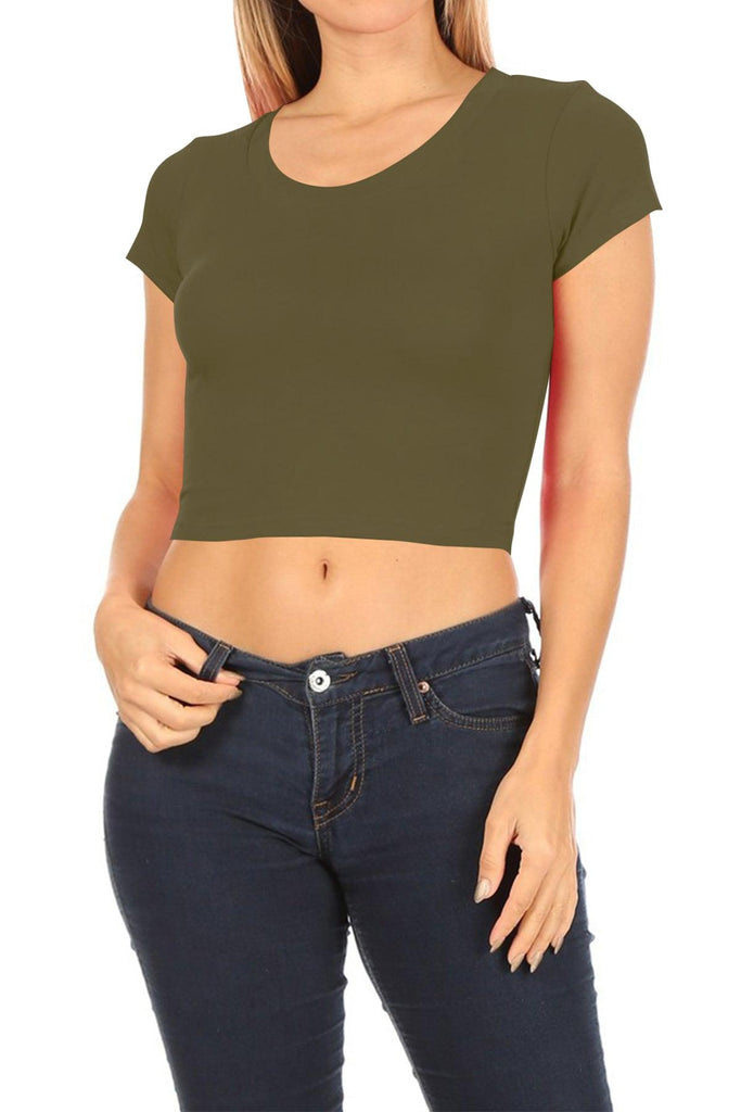 Women's Short Sleeve Stretch Lightweight Round Neck Cropped Top FashionJOA