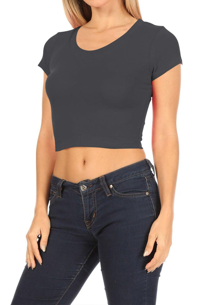 Women's Short Sleeve Stretch Lightweight Round Neck Cropped Top FashionJOA