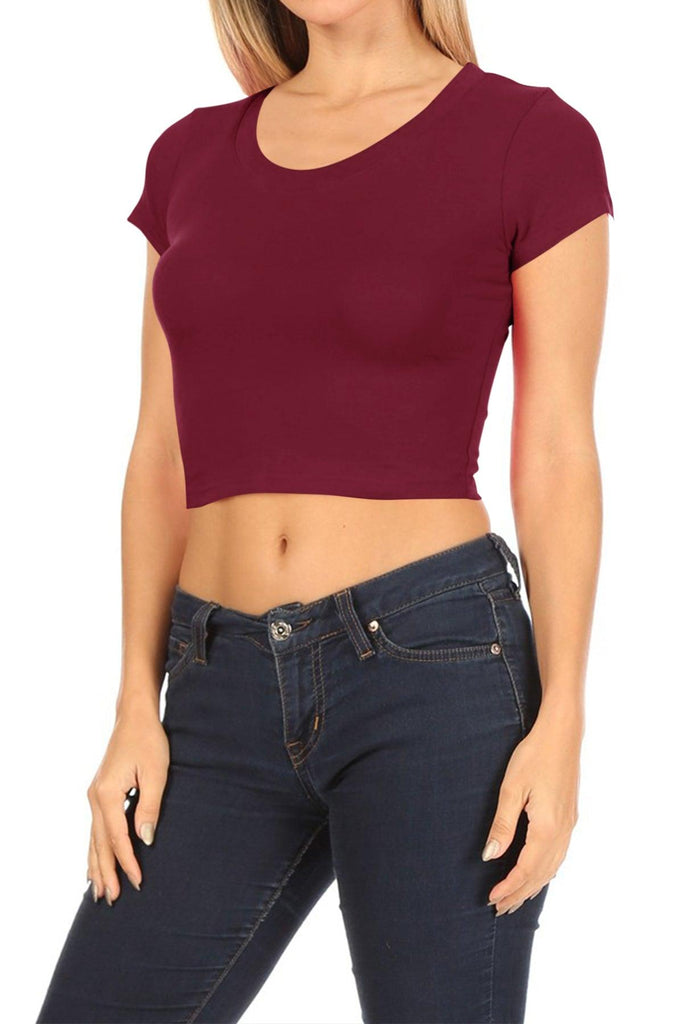 Women's Short Sleeve Stretch Lightweight Round Neck Cropped Top FashionJOA