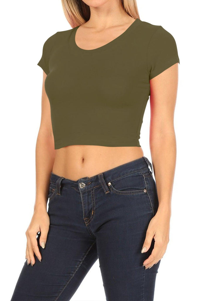 Women's Short Sleeve Stretch Lightweight Round Neck Cropped Top FashionJOA