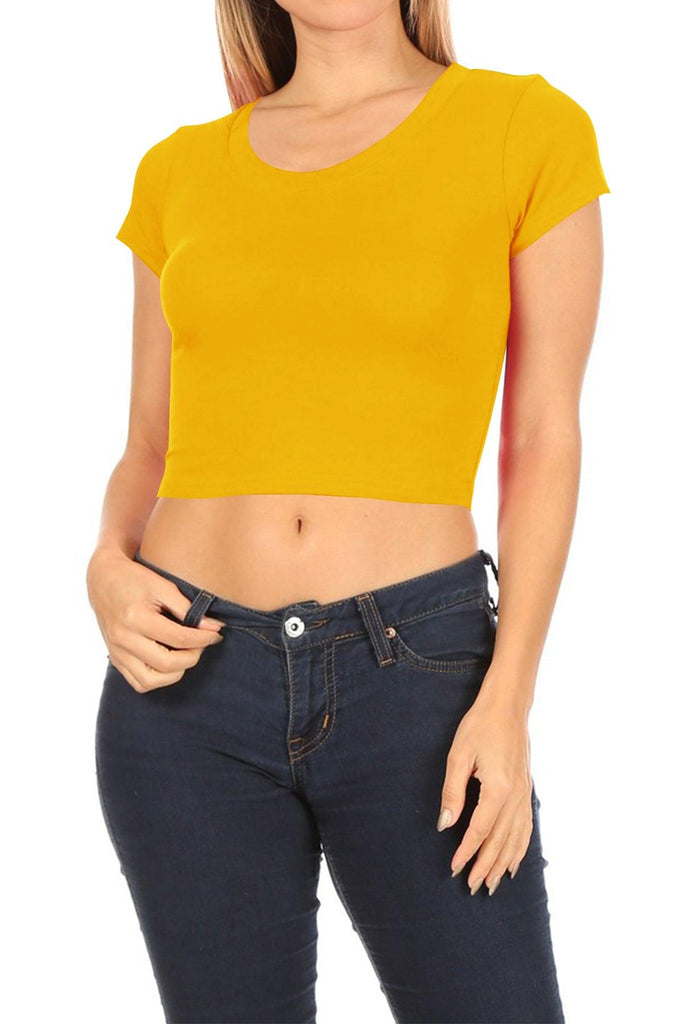 Women's Short Sleeve Stretch Lightweight Round Neck Cropped Top FashionJOA