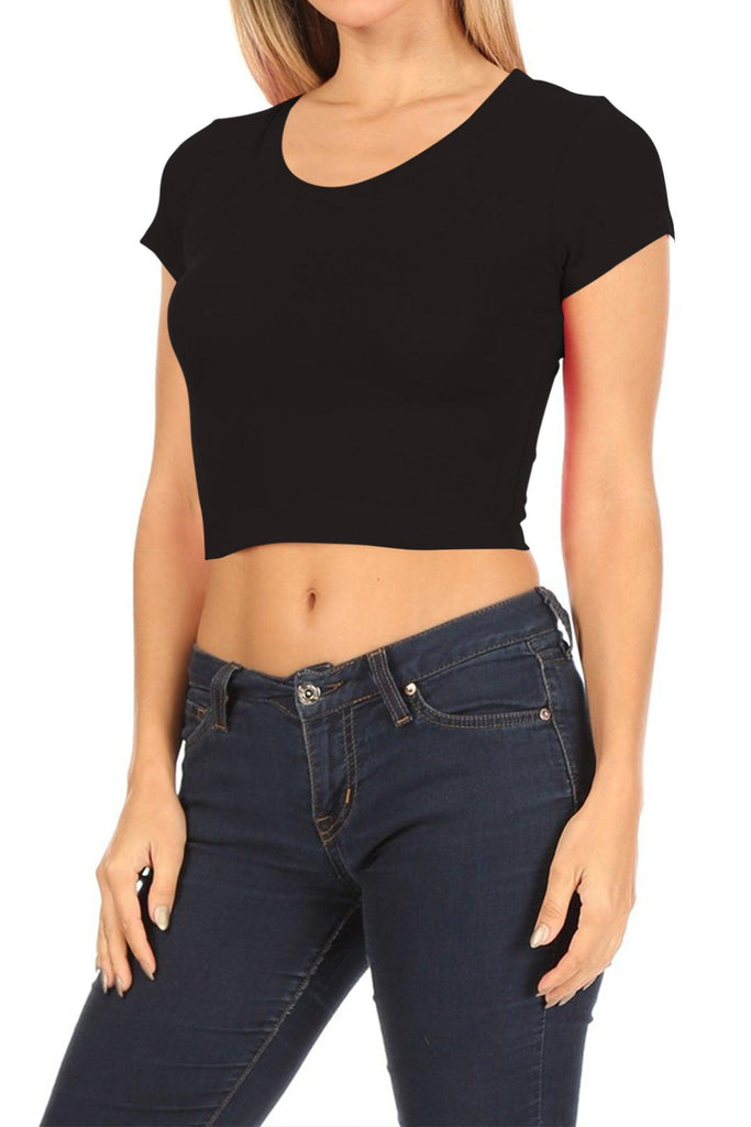 Women's Short Sleeve Stretch Lightweight Round Neck Cropped Top FashionJOA