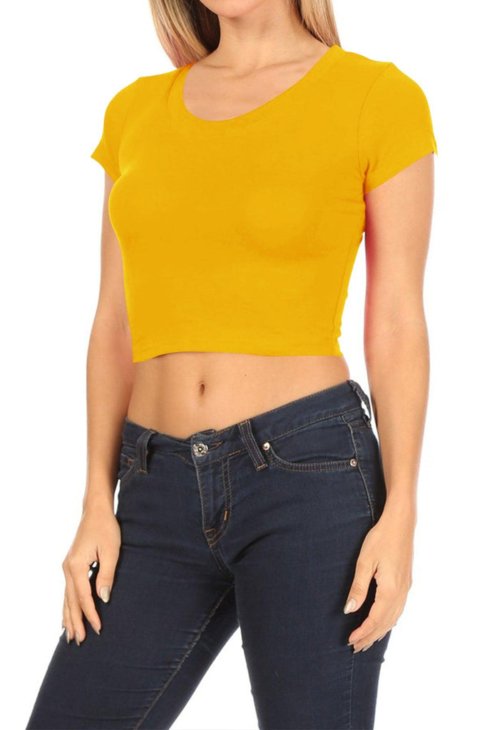 Women's Short Sleeve Stretch Lightweight Round Neck Cropped Top FashionJOA