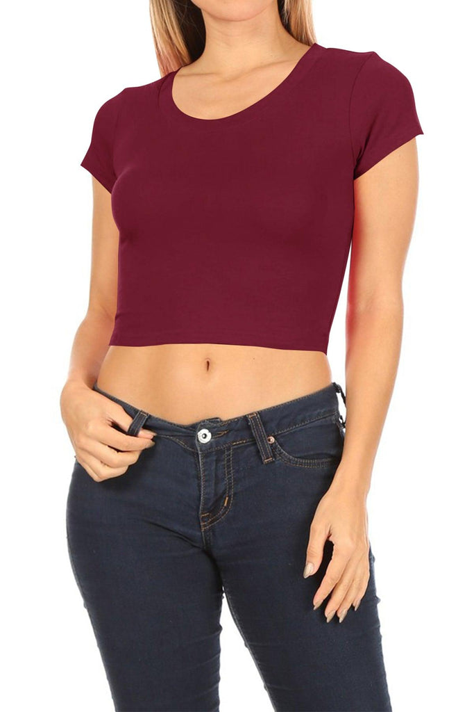 Women's Short Sleeve Stretch Lightweight Round Neck Solid Cropped Top FashionJOA