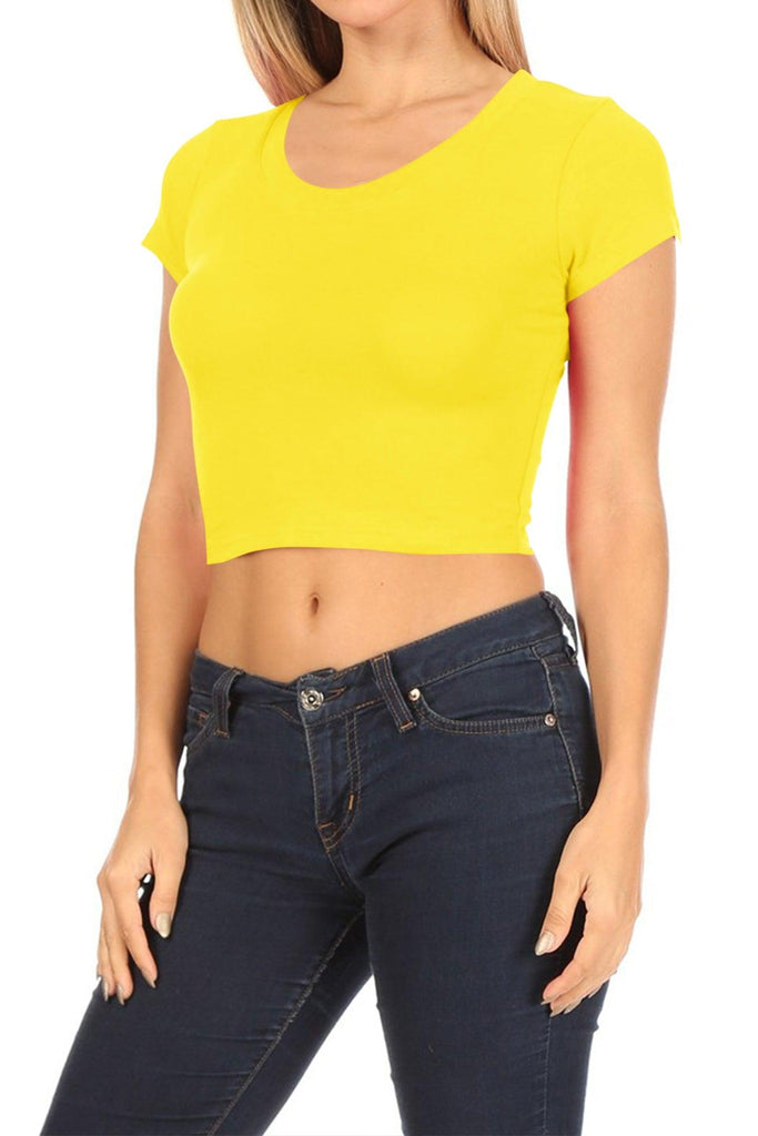 Women's Short Sleeve Stretch Lightweight Round Neck Solid Cropped Top FashionJOA