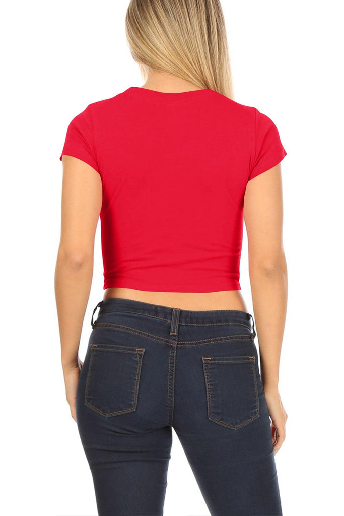 Women's Short Sleeve Stretch Round Neck Solid Cropped Top FashionJOA