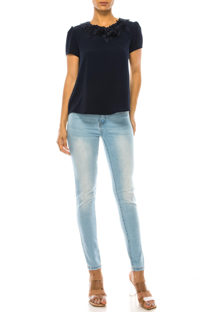 Women's Short Sleeve Top with Puff Sleeves Lace Accent Round Neck FashionJOA