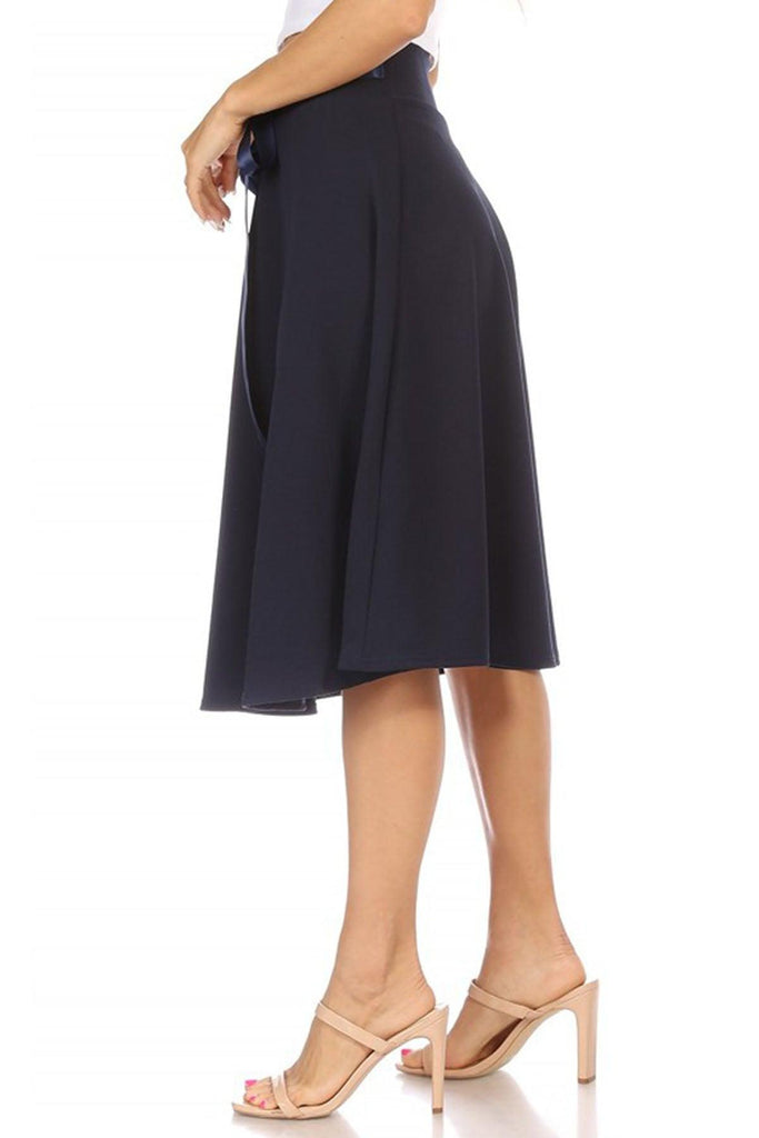 Women's Solid A-line Casual High Waist Bow Tie Belted A Line Midi Knee Length Skirts FashionJOA