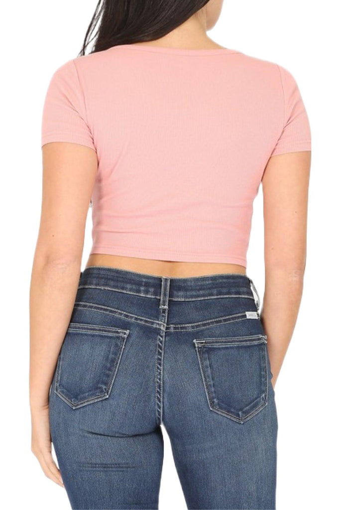 Women's Solid Baby Ribbed V-Neck Short Sleeve Crop T-Shirt FashionJOA
