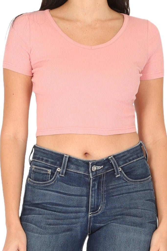 Women's Solid Baby Ribbed V-Neck Short Sleeve Crop T-Shirt FashionJOA